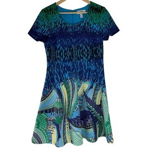 Belle Badgley Mischka Blue Green Abstract Print Fit & Flare Dress Size 12